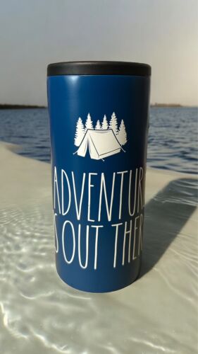 RAE DUNN New “ADVENTURE IS OUT THERE” Slim-Can Cooler Stainless Steel 12oz BLUE