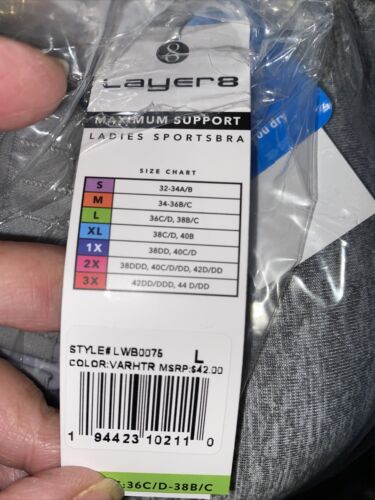 LAYER 8 MAXIMUM SUPPORT SIZE L Sports Bra HEATHER GRAY Fitted Front Zipper-NEW