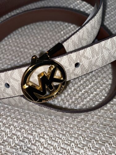 MICHAEL KORS BELT REVERSIBLE VANILLA/BROWN PRINTED MK LOGO "SKINNY" LOGO BUCKLE!