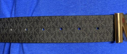 MICHAEL KORS BELT REVERSIBLE BLACK PRINTED MINI LOGO TO BLACK MK SILVER BUCKLE