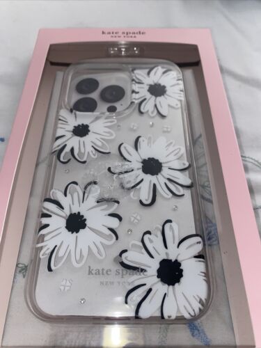 Kate Spade iPhone Case 13 Pro Floral White/Black Floral Rhinestones BEAUTIFUL!