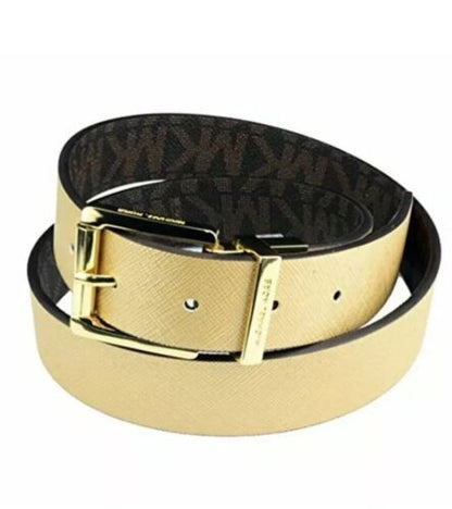 MICHAEL KORS BELT REVERSIBLE BROWN  MK LOGO TO TEXTURED GOLD WITH GOLD BUCKLE