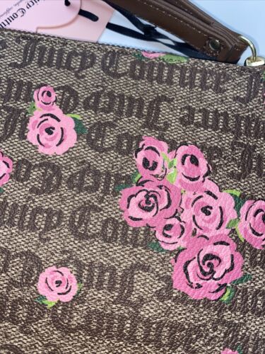 Juicy Couture~Wristlet Wallet Pink Bloom Brown FURGET Me Not~Gothic Logo~CUTE