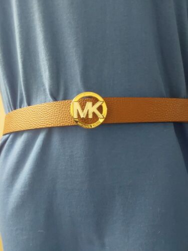MICHAEL KORS BELT VANILLA/LUGGAGE PRINTED MK LOGO WITH GOLD MK LOGO BUCKLE 2X