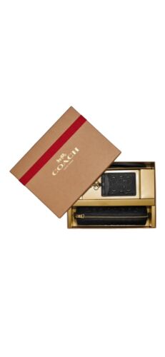 Coach Boxed Pencil Case Id Lanyard Set In Signature Leather ~NWT~ Black CF467