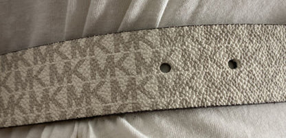 MICHAEL KORS BELT REVERSIBLE CHOCOLATE/VANILLA MK LOGO PRINT GOLD OVAL BUCKLE