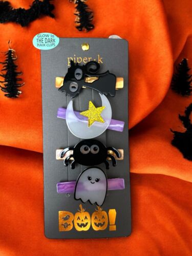 Piper K Halloween Glow in the Dark Hair Clips Black Cat Moon Spider Ghost NIP