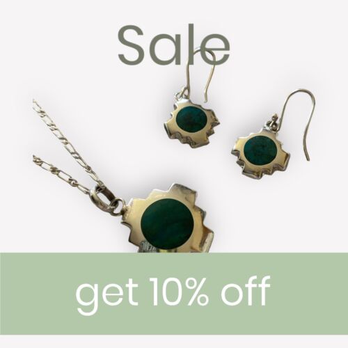 PERUVIAN Chakana Pendant Necklace & Earring Set TURQUOISE Stone 950 Purity