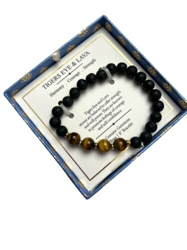 SHIVAM GENUINE TIGERS EYE & LAVA  BRACELET~HARMONY, COURAGE, STRENGTH~UNIQUE!