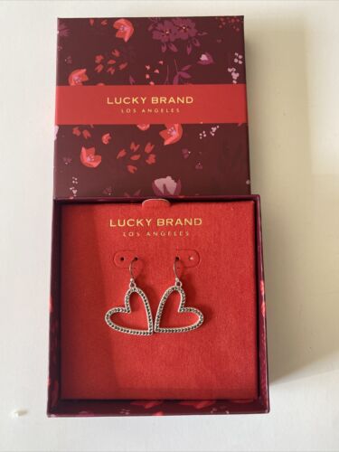 Lucky Brand Silver Tone Open Frame Heart Drop Earrings Hematite Tone Crystal NIB