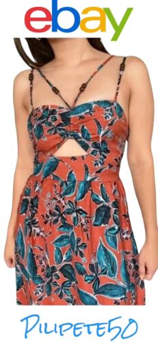 JASON WU Copper Turquoise Blue Floral Print Smocked Cut-Out Linen Midi Dress~ L