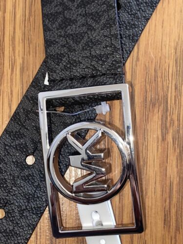 MICHAEL KORS BELT BLACK MK MINI LOGO SILVER MK RECTANGULAR CIRCLE BUCKLE RARE!!