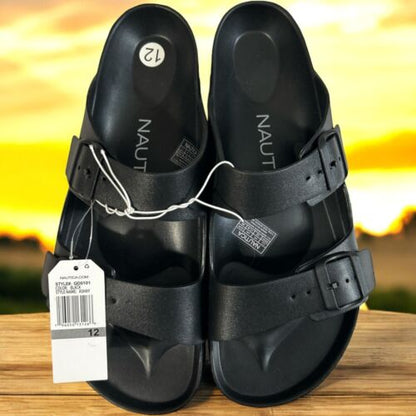 Nautica Ashay 2 Straps Adjustable Slides Sandals, Mens Size 12, Black White Logo