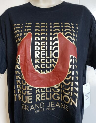 True Religion Gold Script Horseshoe Logo Black Loungewear Tee Shirt Large