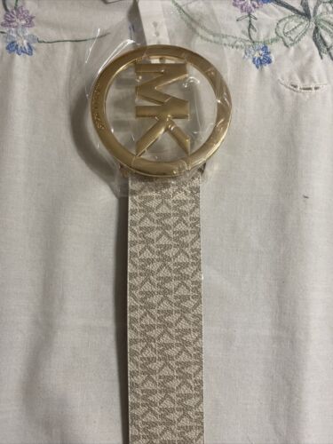 MICHAEL KORS BELT VANILLA WITH MK PRINTED LOGO- LARGE GOLD MK CIRCLE BUCKLE Sz L