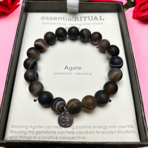essentialRITUAL AGATE Genuine Stone Bracelet~Protection, Cleansing~Silver Charm