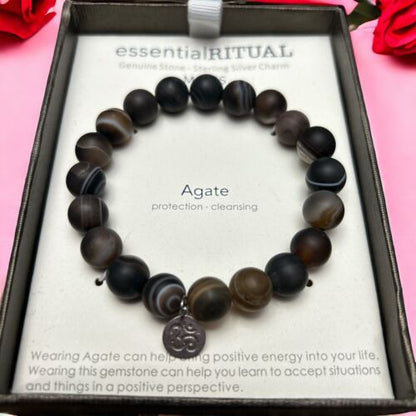 essentialRITUAL AGATE Genuine Stone Bracelet~Protection, Cleansing~Silver Charm