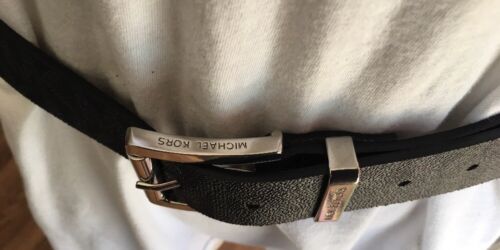 MICHAEL KORS BELT BLACK WITH LARGE PRINTED MK LOGO SILVER BUCKLE LARGE MSRP $48