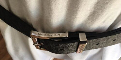 MICHAEL KORS BELT BLACK WITH LARGE PRINTED MK LOGO SILVER BUCKLE LARGE MSRP $48