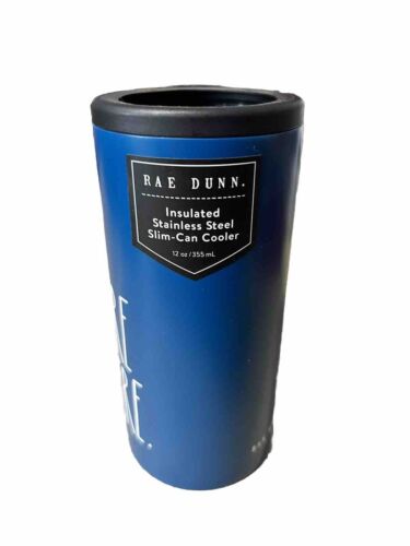 RAE DUNN New “ADVENTURE IS OUT THERE” Slim-Can Cooler Stainless Steel 12oz BLUE