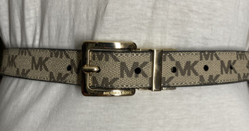 MICHAEL KORS BELT REVERSIBLE BEIGE MK LOGO/ BLACK GOLD BUCKLE
