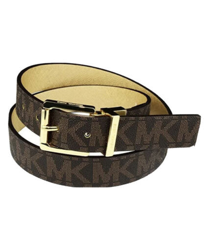 MICHAEL KORS BELT REVERSIBLE BROWN  MK LOGO TO TEXTURED GOLD WITH GOLD BUCKLE