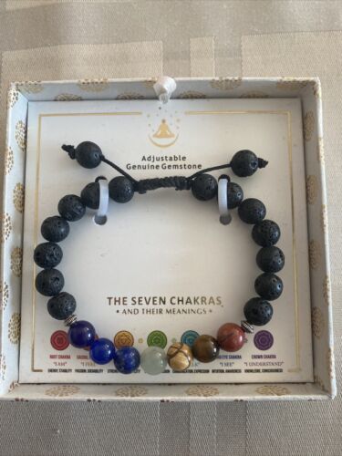 SHIVAM .925 STERLING SILVER SEVEN CHAKRAS LAVA  ￼GENUINE GEMSTONE BRACELET NIB