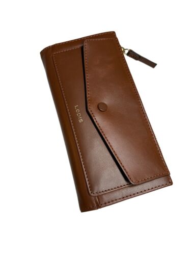 LODIS Long Slim Bifold Wallet Cognac Brown Leather  4''x 7.5'' Card Case~UNIQUE