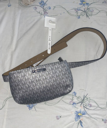 Michael Kors Women’s Belt  Fanny Pack MK Signature Logo SILVER/GRAY- L/XL UNIQUE