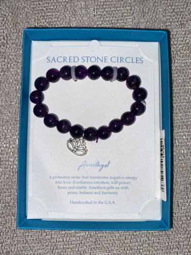 Sacred Stone Circles Bracelet Amethyst W/ Lotus Flower Silver-Tone - RARE  FIND