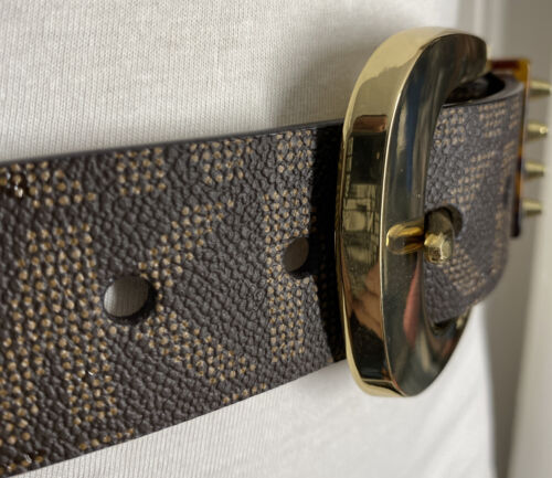 MICHAEL KORS BELT BROWN MK LOGO PRINT WITH GOLD BUCKLE WITH STUDDED LOOP "RETRO"