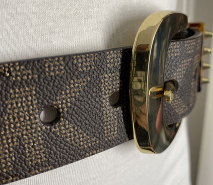 MICHAEL KORS BELT BROWN MK LOGO PRINT WITH GOLD BUCKLE WITH STUDDED LOOP "RETRO"