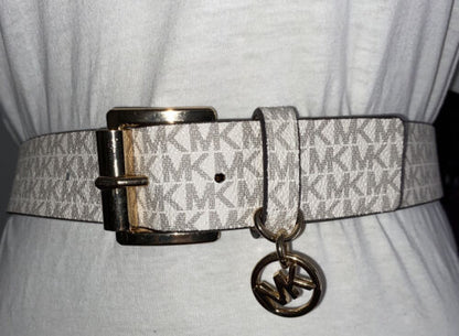 Michael Kors Belt White With Printed Mk Logo With Gold Buckle And MK Charm