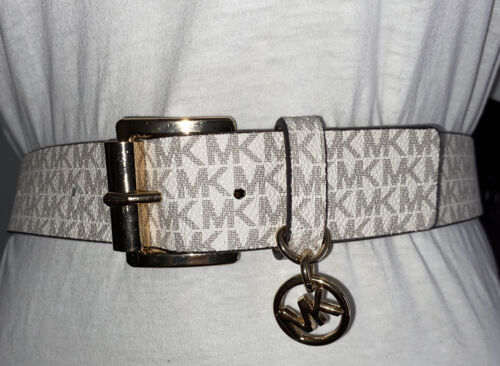 Michael Kors Belt White With Printed Mk Logo With Gold Buckle And MK Charm