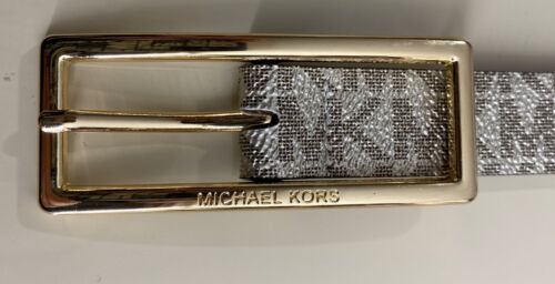 Michael Kors belt glittery gold printed MK logo gold rectangle buckle "Skinny" M