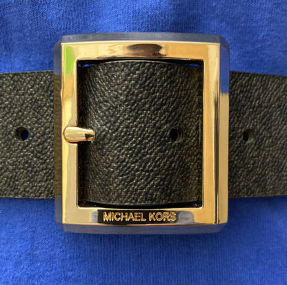 MICHAEL KORS BELT BLACK MK LOGO RECTANGLE GOLD BUCKLE REALLY NICE!!!
