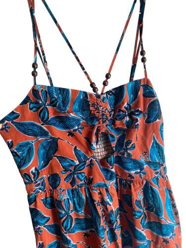 JASON WU Copper Turquoise Blue Floral Print Smocked Cut-Out Linen Midi Dress~ L
