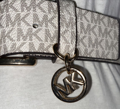 Michael Kors Belt White With Printed Mk Logo With Gold Buckle And MK Charm
