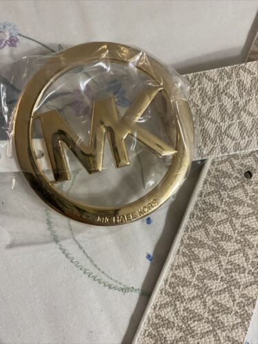 MICHAEL KORS BELT VANILLA WITH MK PRINTED LOGO- LARGE GOLD MK CIRCLE BUCKLE Sz L