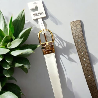 Michael Kors Belt Twist Reversible Leather MK Logo Buckle White /Brown Logo
