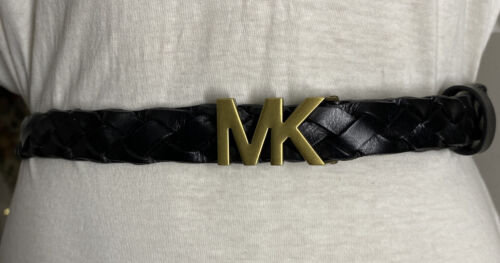 MICHAEL KORS BELT BLACK LEATHER WEAVE SUPER RARE MK LOGO BUCKLE SKINNY