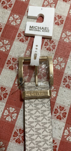MICHAEL KORS BELT VANILLA MK PRINTED LOGO GOLD BUCKLE MSRP $48 COOL! LARGE