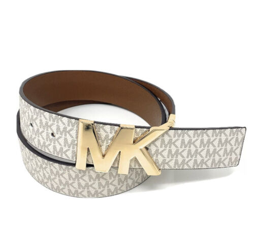 MICHAEL KORS BELT VANILLA/LUGGAGE XL PRINTED MK LOGO WITH GOLD MK LOGO BUCKLE
