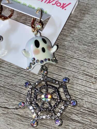 Halloween Betsey Johnson ~ Glow in Dark Ghost Spider Web Mismatch Dangle Earring