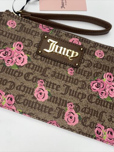 Juicy Couture~Wristlet Wallet Pink Bloom Brown FURGET Me Not~Gothic Logo~CUTE