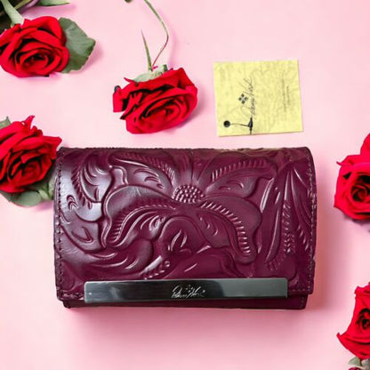 Patricia Nash Wallet Cametti Leather Tooled RFID trifold Magenta Purple