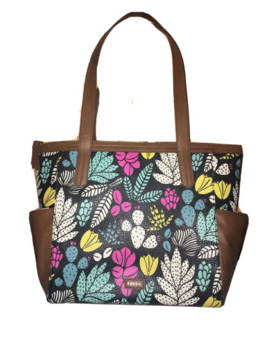 FOSSIL MIMI SHOPPER COATED CANVAS SHOPPER TOTE WITH LEATHER TRIM-Dark Floral
