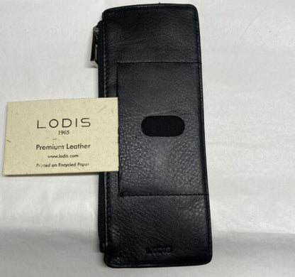 LODIS WALLET CREDIT CARD STACKER WITH ZIPPER POCKET BLACK GENUINE LEATHER