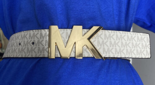MICHAEL KORS BELT VANILLA/LUGGAGE PRINTED MK LOGO WITH GOLD MK LOGO BUCKLE XL