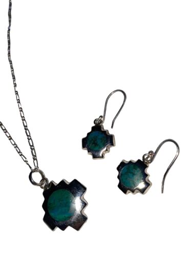 PERUVIAN Chakana Pendant Necklace & Earring Set TURQUOISE Stone 950 Purity